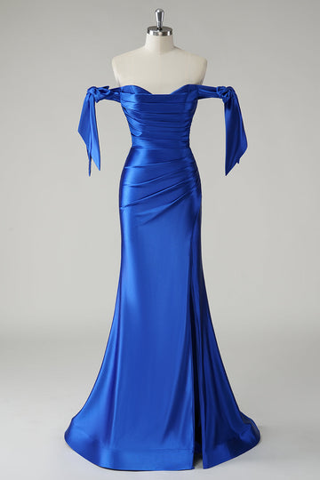 Royal Blue Mermaid Off the Shoulder Pleated Long Prom Dress